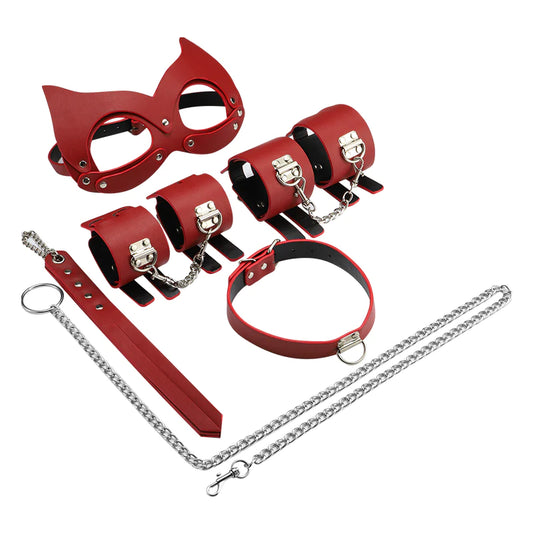 5-Piece Red Leather BDSM Set - Includes Blindfold, Collar, and Handcuffs for Adult Play