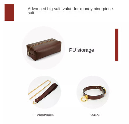 Brown Leather BDSM Bondage Set - Handcuffs, Collar, Tie, and Rope for Adult Play