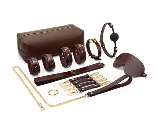 Brown Leather BDSM Bondage Set - Handcuffs, Collar, Tie, and Rope for Adult Play